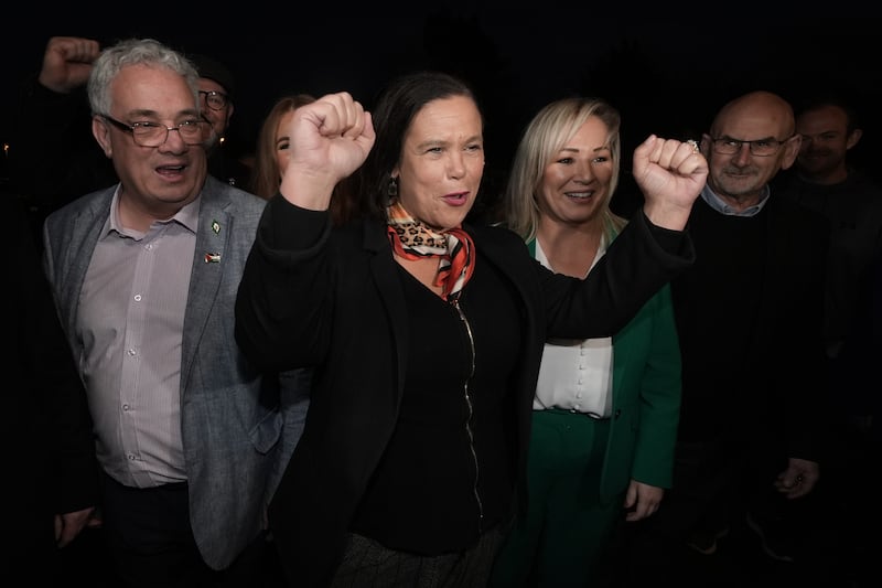 Sinn Fein president Mary Lou McDonald and deputy Michelle O’Neill arrive at the count at RDS Simmonscourt, Dublin