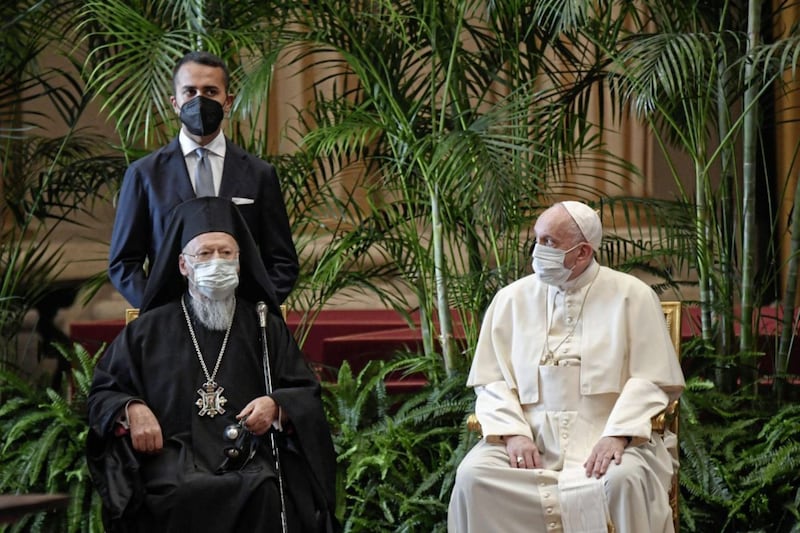 Pope Francis pictured with Bartholomew I, Ecumenical Patriarch of Constantinople, and Italian Foreign Minister Luigi Di Maio during a climate change conference at the Vatican in October. Pope Francis and dozens of religious leaders made a joint appeal to governments to commit to ambitious targets at the UN Cop26 conference. The environment &quot;is on loan to each generation, which must then hand it on to the next&quot;, says the Pope. Picture by Alessandro Di Meo, pool via AP. 