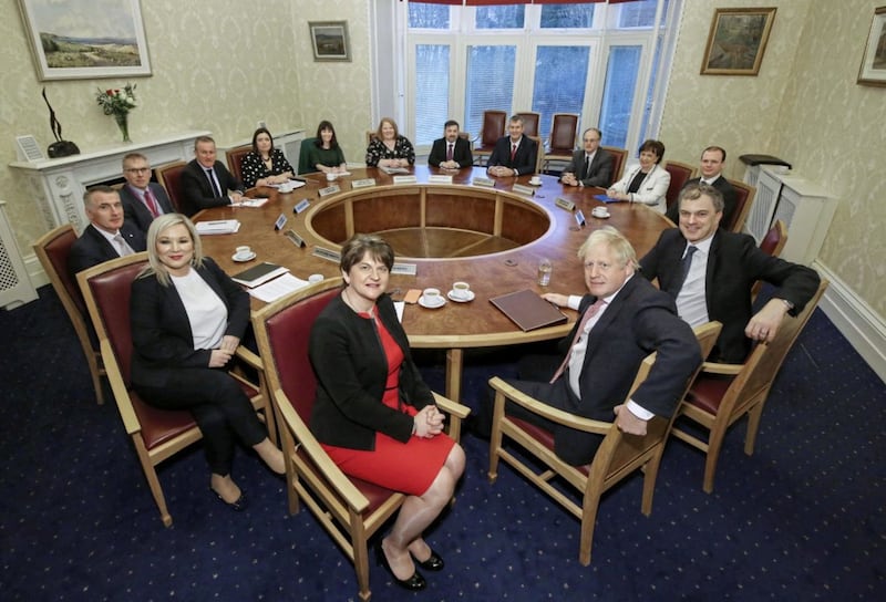 The newly-restored Stormont Executive led by former First Minister Arlene Foster and Deputy First Minister Michelle O&#39;&#39;Neill meet with Prime Minister Boris Johnson and Secretary of State Julian Smith in January 2020. Picture by William Cherry/Presseye 