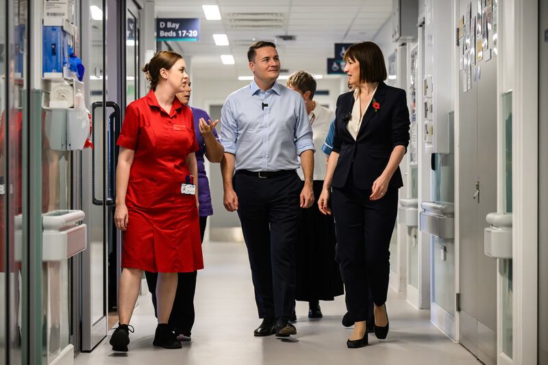 Chancellor of the Exchequer Rachel Reeves and Health Secretary Wes Streeting speaking to staff during a visit to St George’s Hospital, Tooting, last week