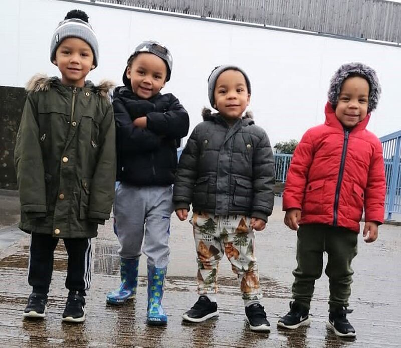 Two sets of twins, Kyson and Bryson Hoath, aged four (left), and Leyton and Logan Hoath, aged three (right)