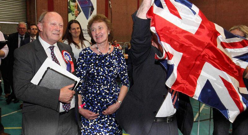 TUV&#39;s Jim Allister and his wife Ruth after Mr Allister becomes the first MLA elected for North Antrim, at the Ballymena count. Picture by Cliff Donaldson. 