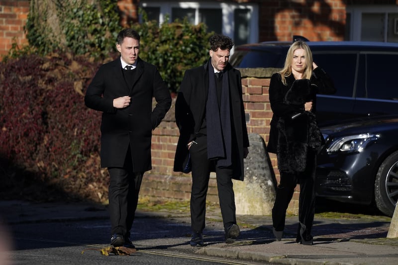 Chris Stark (left) and Jordan North (centre) arrive for the funeral service of One Direction singer Liam Payne at St Mary’s Church in Amersham, Buckinghamshire