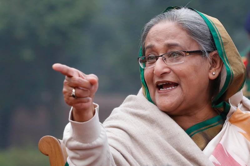 Bangladesh’s Prime Minister Sheikh Hasina speaks during a press conference in Dhaka (Rajesh Kumar Singh/AP)