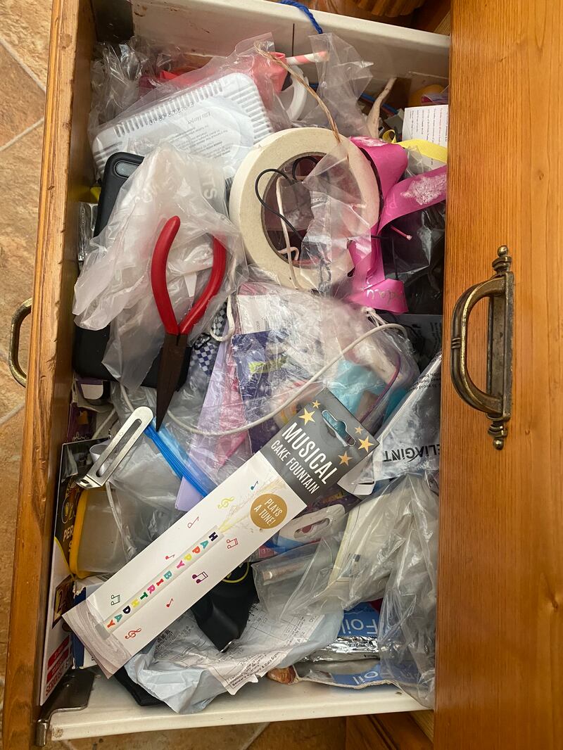 The junk drawer, aka drawer of shame, still in need of decluttering and organisation