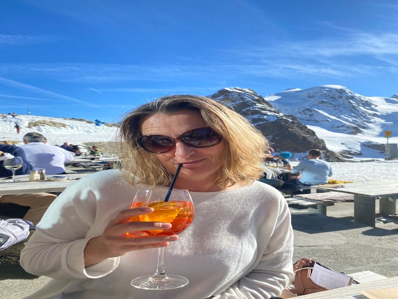 Sipping an Aperol Spritz on Berhaus sun terrace, Diavolezza Mountain