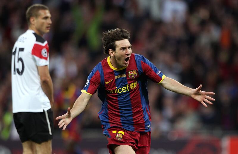Lionel Messi celebrates scoring Barcelona’s second goal against United at Wembley