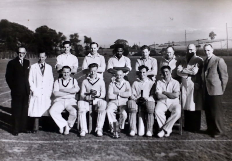 Alford Gardner (rear centre) with teammates from a local cricket club in Leeds in 1955