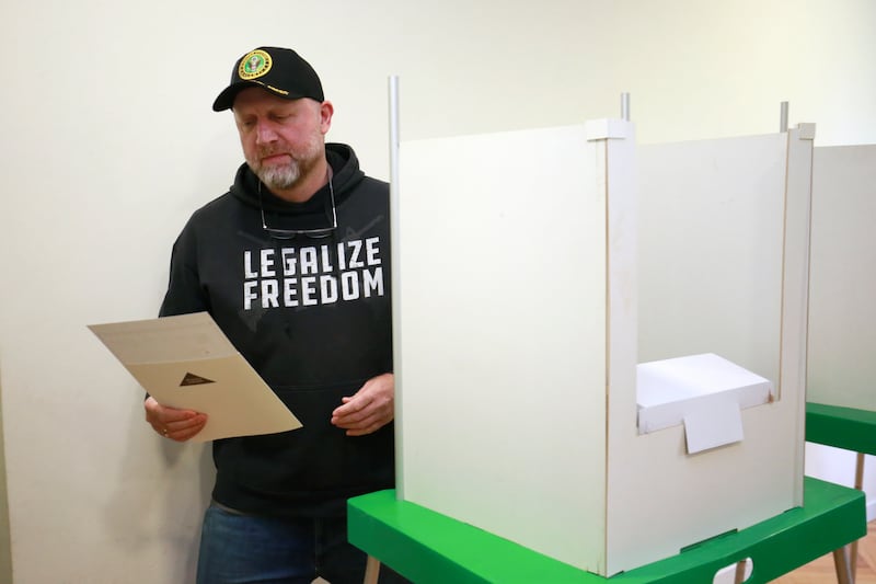 Zurab Japaridze, chairman of the Girchi More Freedom party, votes at a polling station in Tbilisi (AP Photo/Zurab Tsertsvadze)