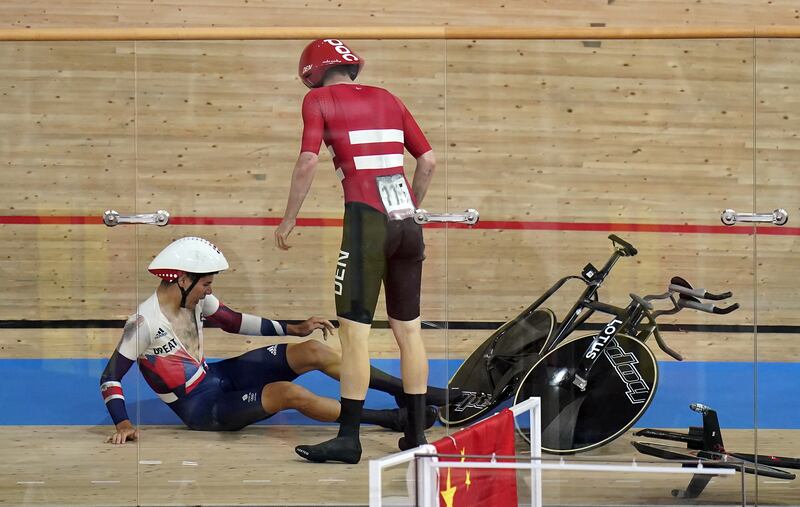 Charlie Tanfield was hit by a Danish rider during the first round of the men’s team pursuit in Tokyo