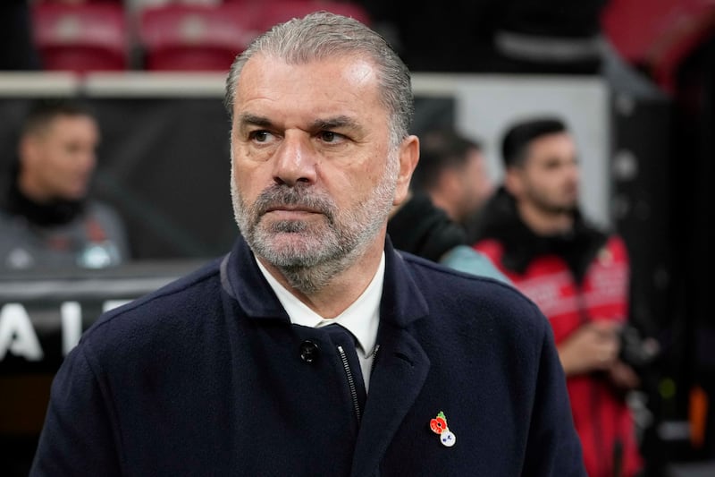 Tottenham’head coach Ange Postecoglou watches on at Galatasaray (Khalil Hamra/AP)