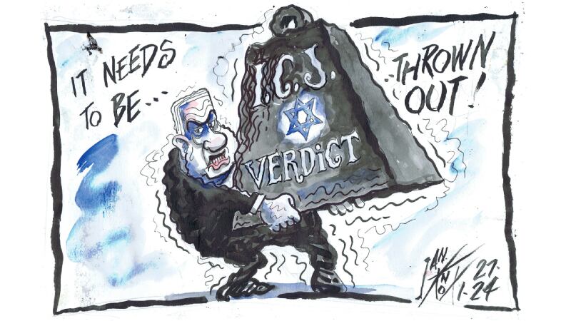 A cartoon showing Israeli leader Benjamin Netanyahu carrying a heavy weight with the words ICJ verdict on it