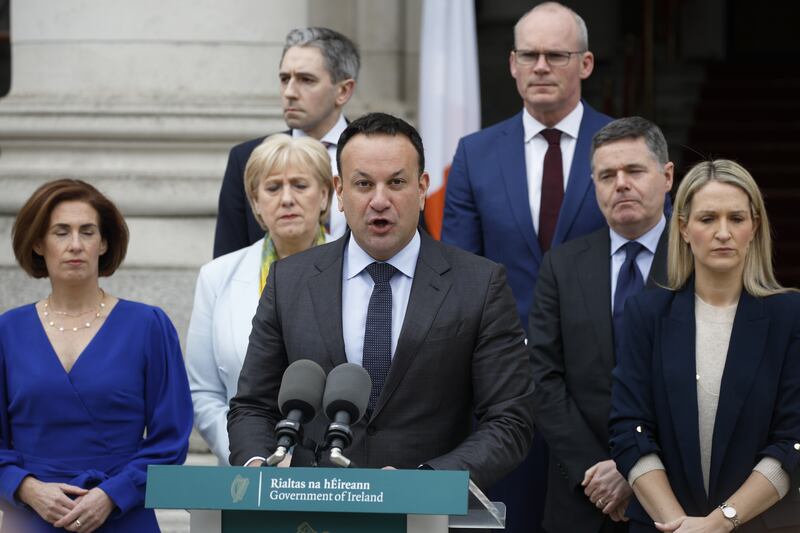 Taoiseach Leo Varadkar (centre) speaking to the media at Government Buildings in Dublin