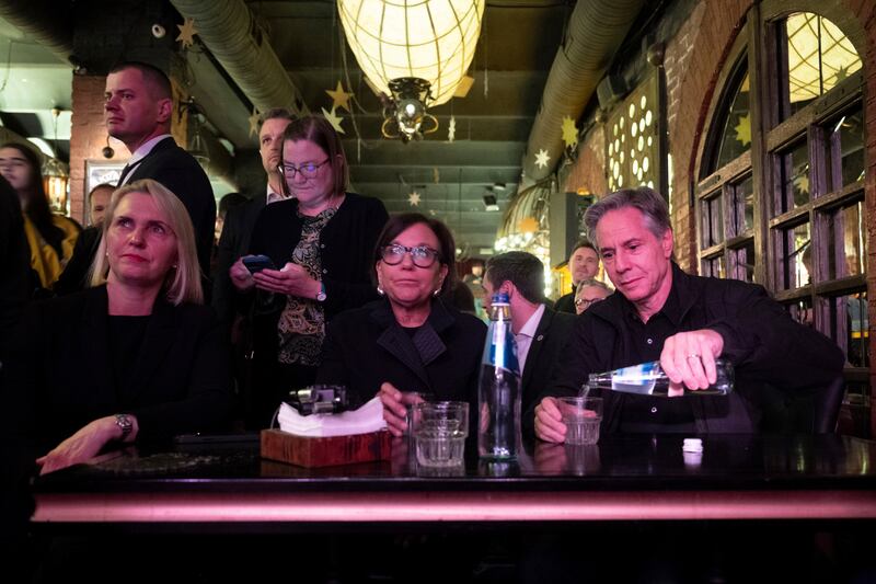 US secretary of state Antony Blinken visits the Barman Dictat bar in Kyiv (Brendan Smialowski/Pool photo via AP)