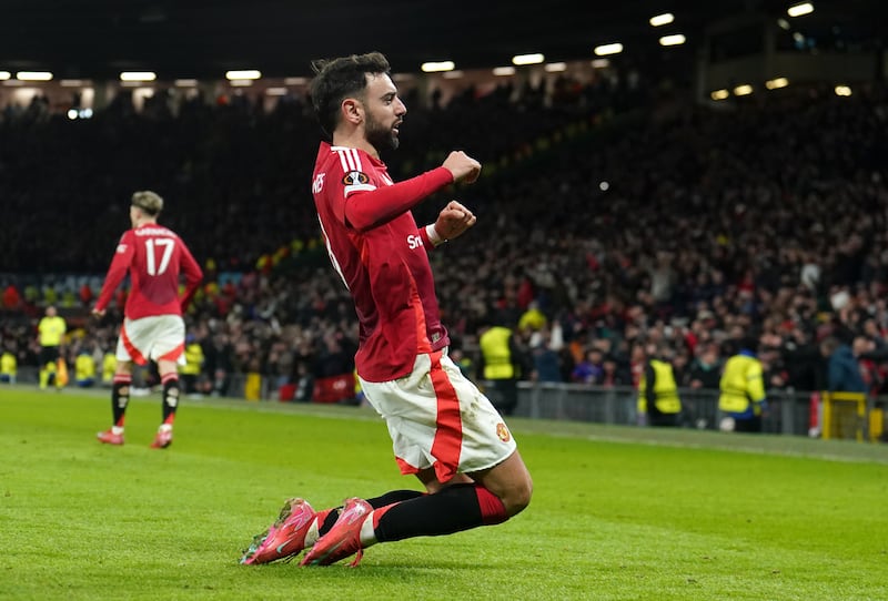 Bruno Fernandes celebrates his stoppage-time winner against Rangers on Thursday night