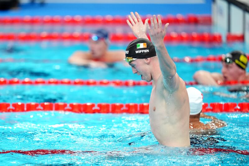 Ireland’s Daniel Wiffen celebrates after winning the men’s 800m freestyle final at the Paris Olympics