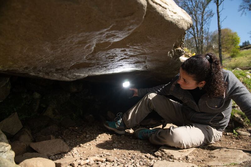 Joana Valdez-Tullett, post-doctoral research assistant on Scotland’s Rock Art Project, looking at prehistoric carvings found at Kilmartin Glen 