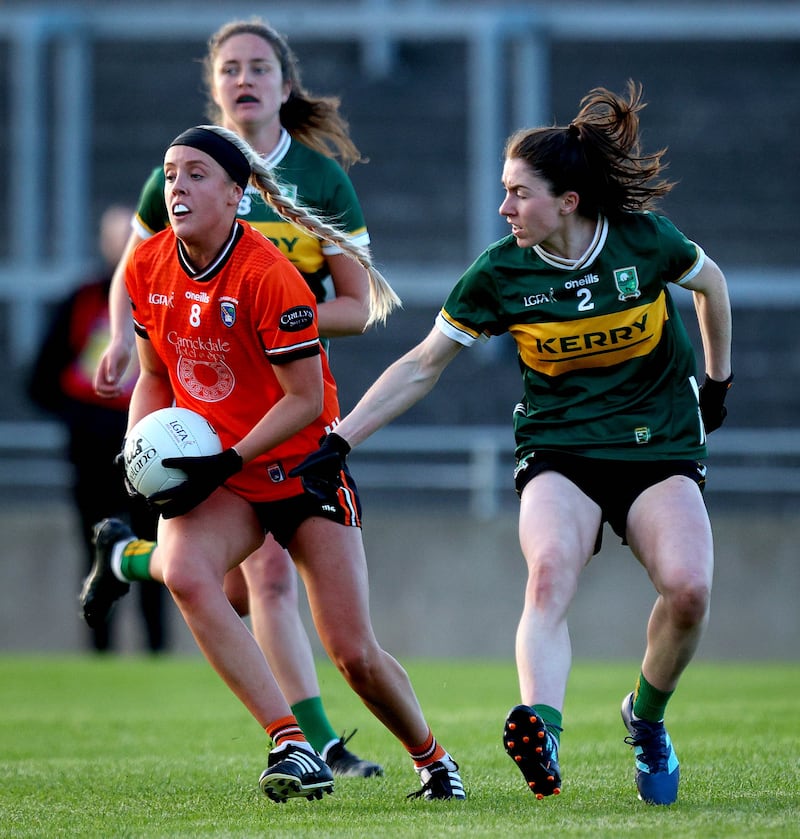 Niamh Coleman looking to get rid of the ball against Kerry in the All-Ireland LGFA SFC semi-final