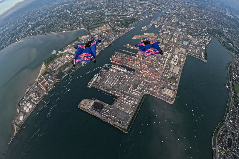 The first ever wingsuit flight through the The first ever wingsuit flight through the Stacks, the Red Bull Skydive Team jumped from a helicopter flying at 1,280 metres above Dublin Bay, reaching a top speed of 253kmph, before landing safely on Shelly Banks Beach Stacks, the Red Bull Skydive Team jumped from a helicopter flying at 1,280 metres above Dublin Bay, reaching a top speed of 253kmph, before landing safely on Shelly Banks Beach