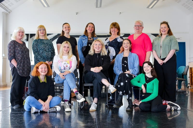 Rehearsals are underway for The Marian Hotel. The cast and production team include, left to right, back row: director Patricia Byrne, writer Caitriona Cunningham, stage manager Susie Garvey Williams, dramaturg Emily De Dakis, and cast members Maeve Connelly, Maureen Wilkinson and Una Morrison. Left to right, front row: Sorcha Shanahan, Roma Harvey, Aoibh Johnson, Shannon Wilkinson and Rachel Harvey