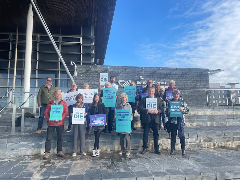 Members of My Death, My Decision outside the Senedd