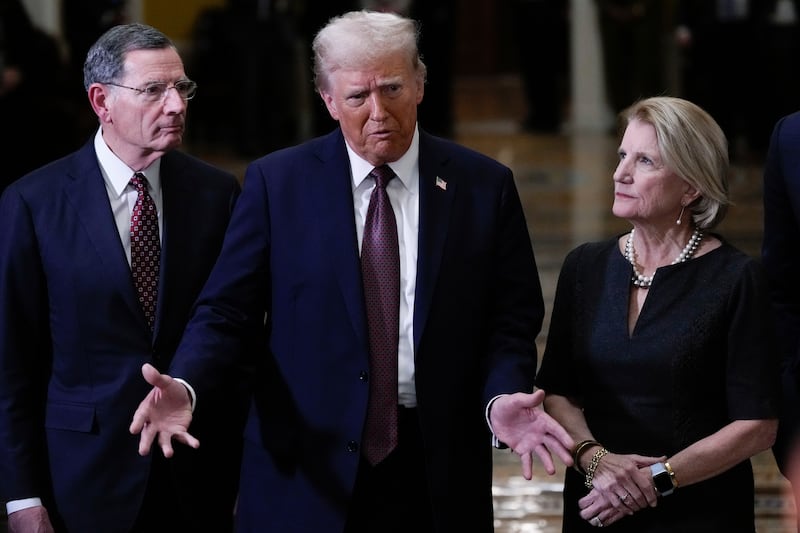 President-elect Donald Trump, flanked by senator John Barrasso, and senator Shelley Moore, talks to reporters after a meeting with Republican leadership at the Capitol (AP/Steve Helber)