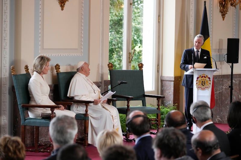 Pope Francis listens to King Philippe’s address in the Grande Galerie of the Castle of Laeken, Brussels (Andrew Medichini/AP)