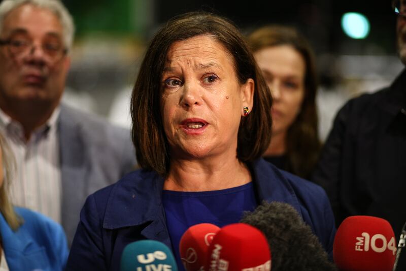 Sinn Fein Leader Mary Lou McDonald speaking to the media at the Royal Dublin Society during the count for the European elections
