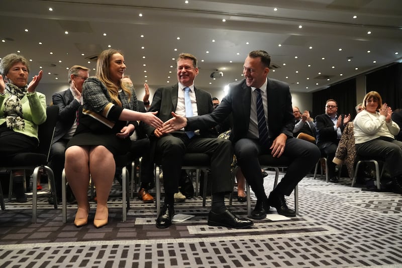 Russell Findlay (right) is congratulated by Meghand Gallacher (left) and Murdo Fraser (centre) after being chosen as the new Scottish Conservative leader.