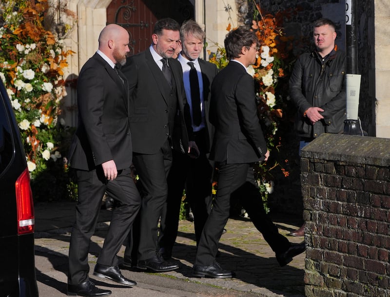 Former One Direction band member Louis Tomlinson (right) arrives for the funeral service of One Direction singer Liam Payne at St Mary’s Church in Amersham, Buckinghamshire