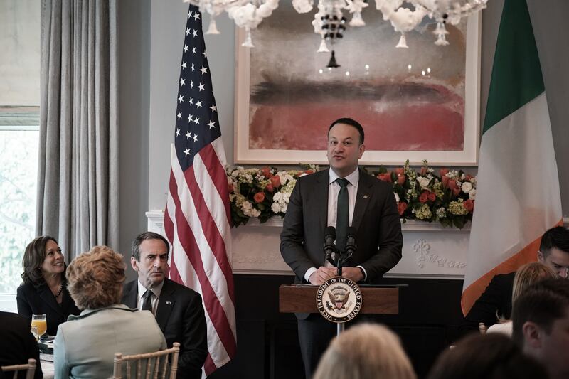 US Vice President Kamala listens as Taoiseach Leo Varadkar speaks during a breakfast meeting hosted by the VP at her official residence in Washington, DC