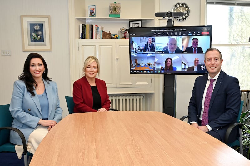 First Minister Michelle O'Neill, deputy First Minister Emma Little-Pengelly and Education Minister Paul Givan held a virtual meeting with the six school principals to confirm the Executive's funding announcement for the Strule Shared Education Campus in Omagh.