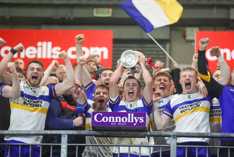 Errigal Ciaran captain Darragh Canavan  celebrates winning  the Tyrone Senior Championship Senior Championship Final at Healy Park in Omagh.
PICTURE COLM LENAGHAN