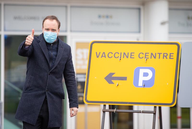 The then health secretary Matt Hancock during a visit to the NHS vaccine centre at Epsom Downs racecourse, Surrey, in January 2021