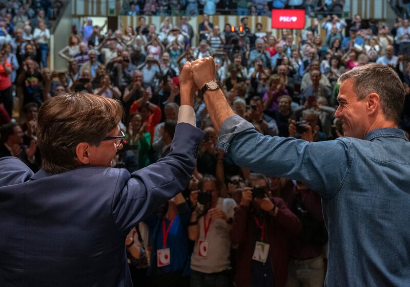 Spanish Prime Minister Pedro Sanchez, right, has campaigned with socialist candidate Salvador Illa (Emilio Morenatti/AP)