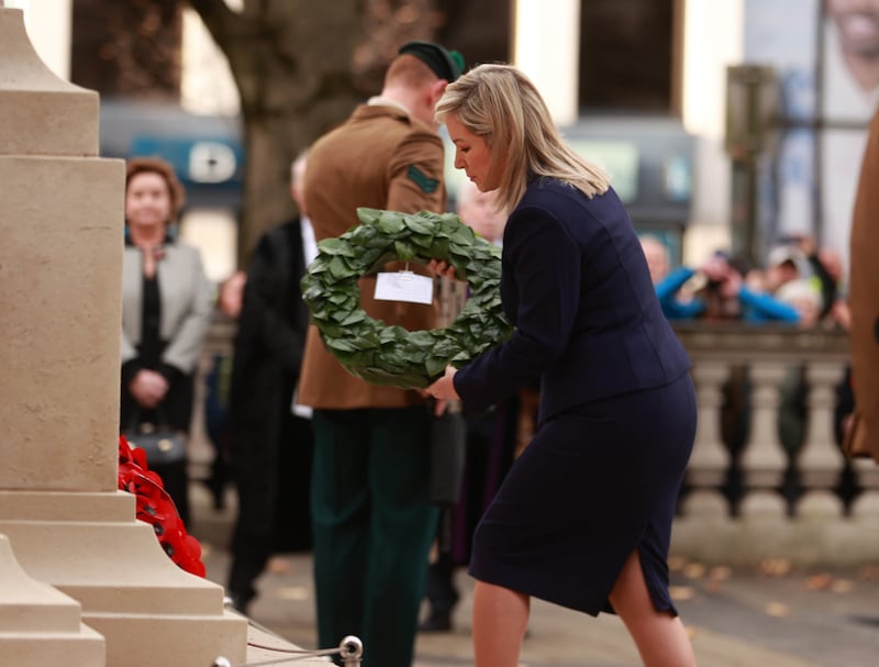 First Minister Michelle ONeill lays a wreath during the Remembrance Sunday service at Belfast City Hall