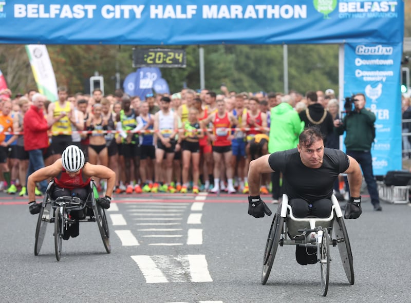 Runners take part in the Belfast City Half Marathon from Ormeau Park on Sunday.
PICTURE COLM LENAGHAN