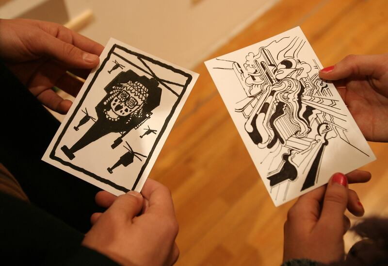 Drawings by artists Derek Boshier (left) and Dan Stewart