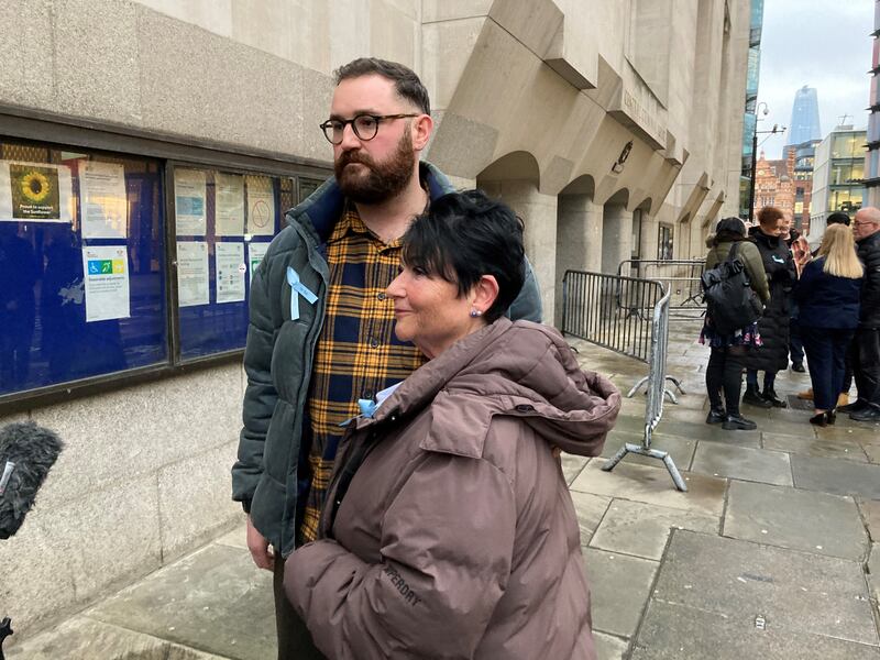 Harry Shotter, the brother of Natalie Shotter, and their mother Dr Cas Shotter Weetman, speak to the media outside the Old Bailey