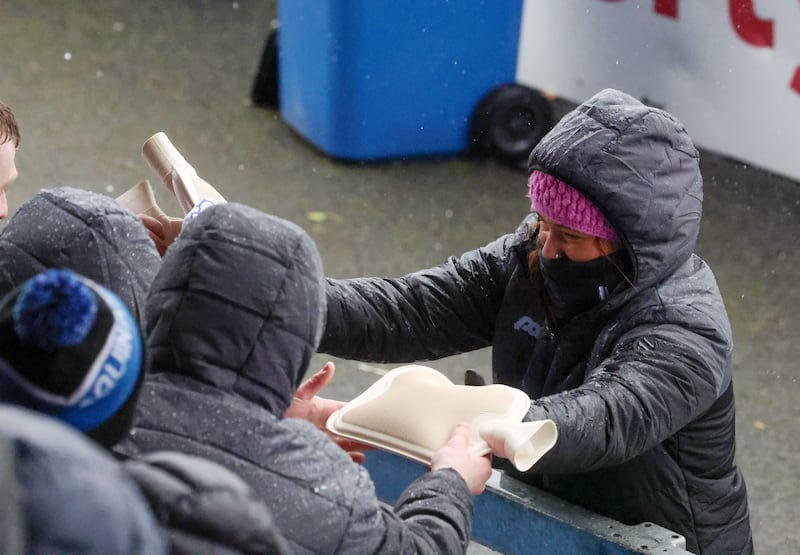 Hot water bottles brought out for the Antrim subs on the bench at Corrigan Park. PICTURE: MAL MCCANN