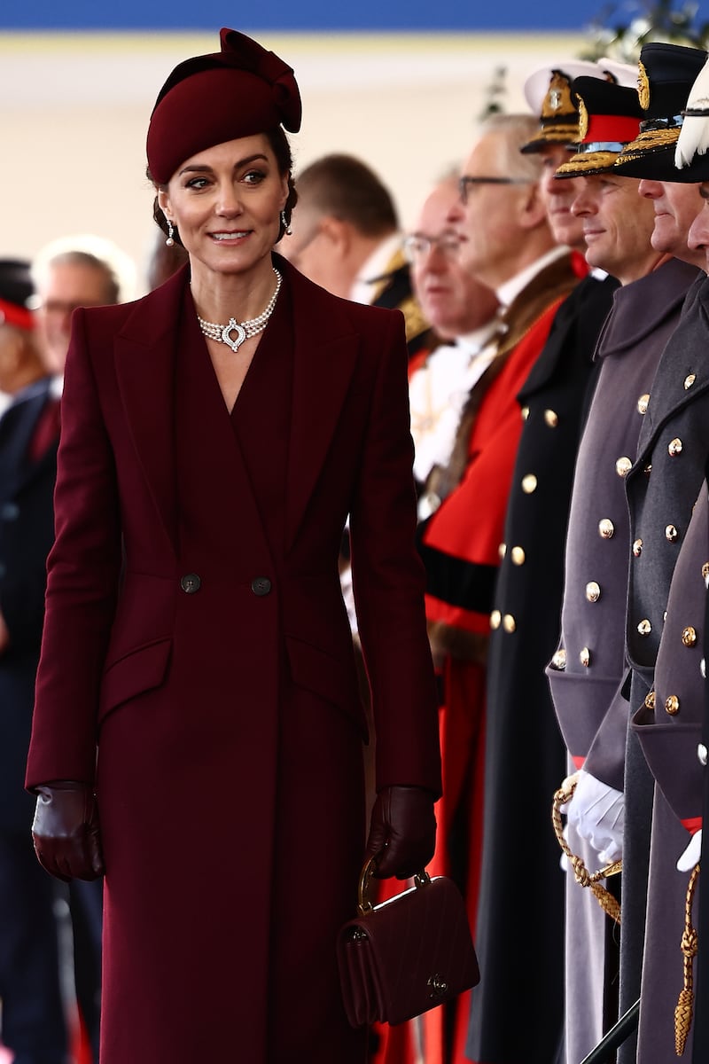 The Princess of Wales ahead of a Ceremonial Welcome for the Emir of Qatar Sheikh Tamim bin Hamad Al Thani and his wife Sheikha Jawaher at Horse Guards Parade, London during the state visit to the UK of the Emir of Qatar and the first of his three wives. Picture date: Tuesday December 3, 2024.