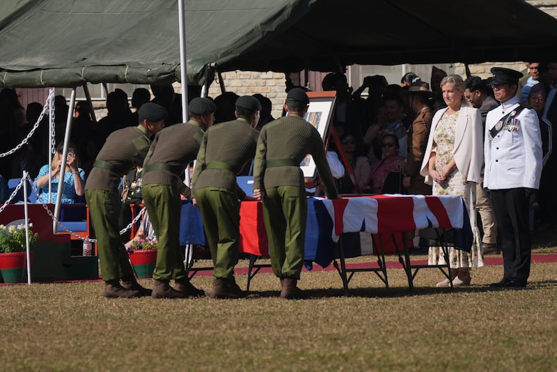 The Duchess of Edinburgh (second right) watches Nepali recruits taking the oath of allegiance