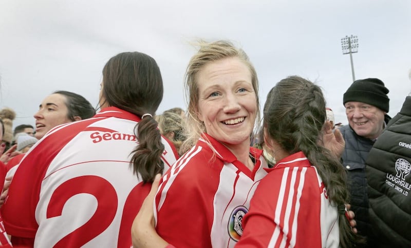 Loughgiel&#39;s Charlene Campbell celebrates after beating Slaughtneil during the Ulster Senior Camogie Club Championship final at Pairc Esler, Newry Picture: Margaret McLaughlin.. 