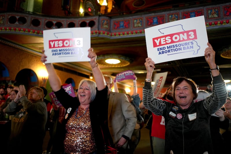 People at an election night watch party in Kansas City react after an abortion rights amendment to the Missouri constitution passed (Charlie Riedel/AP)