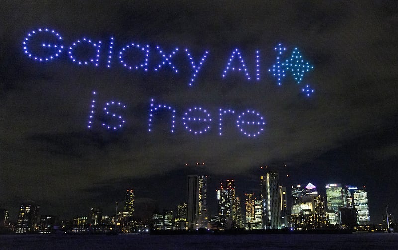 Some 550 drones created shapes over London’s Canary Wharf to celebrate the launch of the new Samsung Galaxy S24 device featuring Galaxy AI technology