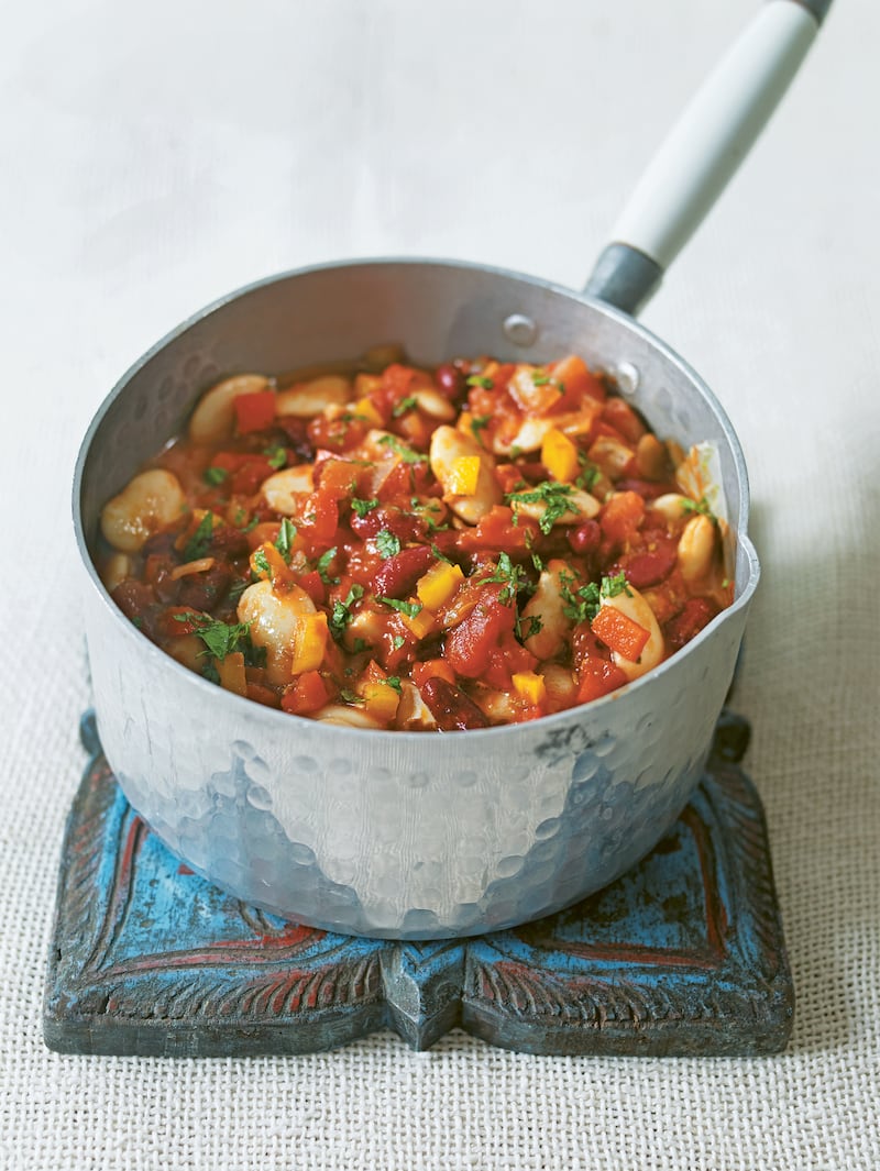 One of the veggie dishes in Dowden’s new book is beans and peppers with harissa