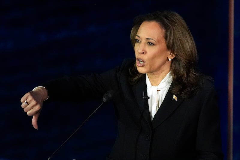 Democratic presidential nominee Vice President Kamala Harris gestures as she speaks during the presidential debate (Alex Brandon/AP)