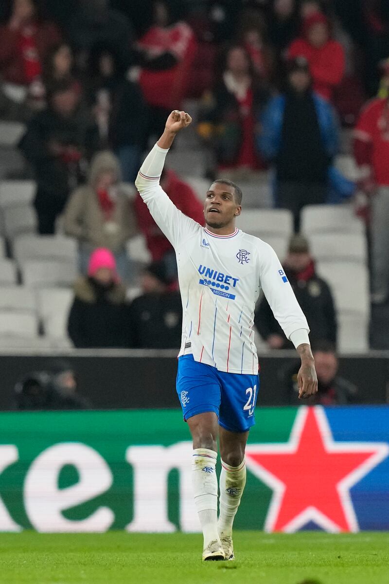 Rangers’ Dujon Sterling celebrates his goal (Armando Franca/AP)