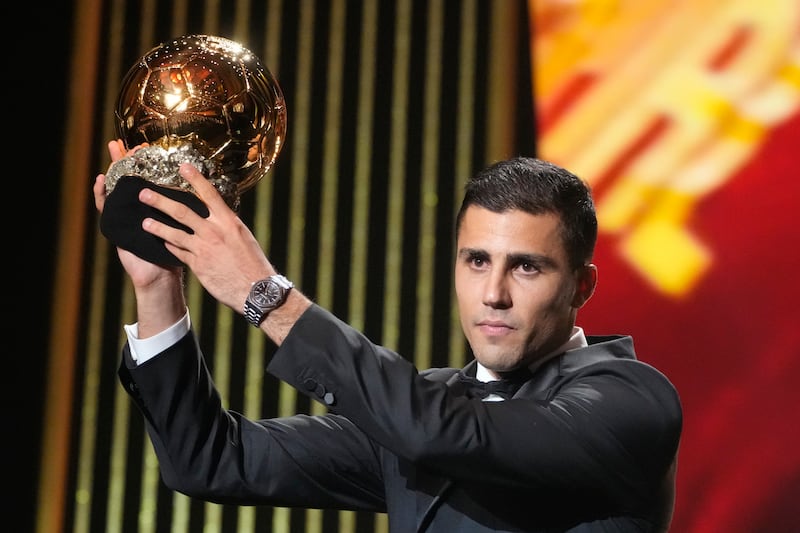 Manchester City’s Rodri receives the 2024 Men’s Ballon d’Or award (Michel Euler/AP)