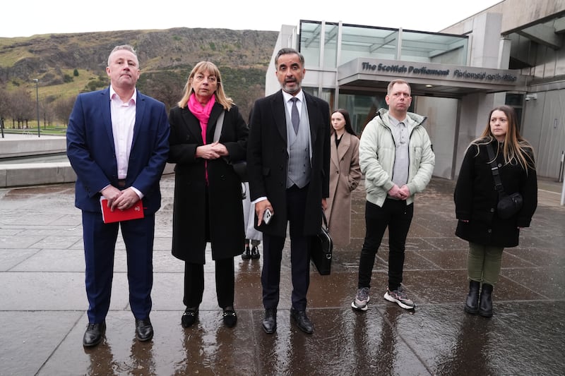 Lawyer Aamer Anwar (centre) and the families of both William Brown and Katie Allan were at Holyrood to hear the statement and met both the First Minister and the Justice Secretary.